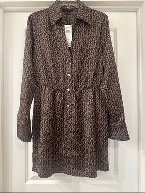 NWOT Sanctuary Brown Geometric Long-Sleeve Shirt Dress 
Size Medium